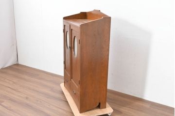 和製アンティーク　上手物‼　楢(ナラ)材　丸窓　昭和レトロな雰囲気漂うミラー付きの本箱(ブックケース、収納棚、本棚、書棚、戸棚、キャビネット)(R-084235)