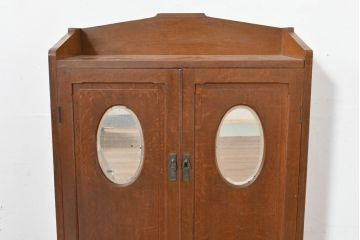 和製アンティーク　上手物‼　楢(ナラ)材　丸窓　昭和レトロな雰囲気漂うミラー付きの本箱(ブックケース、収納棚、本棚、書棚、戸棚、キャビネット)(R-084235)