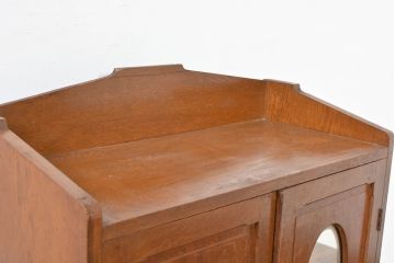 和製アンティーク　上手物‼　楢(ナラ)材　丸窓　昭和レトロな雰囲気漂うミラー付きの本箱(ブックケース、収納棚、本棚、書棚、戸棚、キャビネット)(R-084235)
