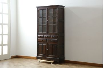 中古　北海道民芸家具　HM160K　美しい木肌とシックな佇まいが魅力的なキャビネット(食器棚、収納棚、戸棚、カップボード、飾り棚、本箱、バラ売り可能)(R-084237)