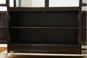 アジアンビンテージ　唐木材　中国クラシックデザインが目を引く照明付き薄型ミラーバックキャビネット(飾り棚、陳列棚、収納棚、戸棚、ガラスケース、ショーケース、コレクションケース、ディスプレイケース、ヴィンテージ、店舗什器)(R-084240)