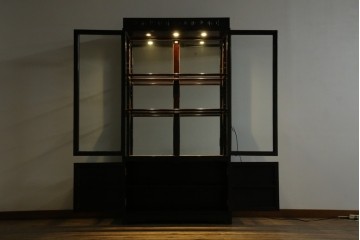 アジアンビンテージ　唐木材　中国クラシックデザインが目を引く照明付き薄型ミラーバックキャビネット(飾り棚、陳列棚、収納棚、戸棚、ガラスケース、ショーケース、コレクションケース、ディスプレイケース、ヴィンテージ、店舗什器)(R-084240)