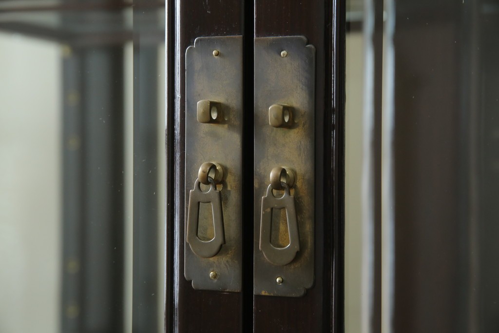 アジアンビンテージ　唐木材　中国クラシックデザインが目を引く照明付き薄型ミラーバックキャビネット(飾り棚、陳列棚、収納棚、戸棚、ガラスケース、ショーケース、コレクションケース、ディスプレイケース、ヴィンテージ、店舗什器)(R-084240)