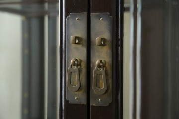 アジアンビンテージ　唐木材　中国クラシックデザインが目を引く照明付き薄型ミラーバックキャビネット(飾り棚、陳列棚、収納棚、戸棚、ガラスケース、ショーケース、コレクションケース、ディスプレイケース、ヴィンテージ、店舗什器)(R-084240)