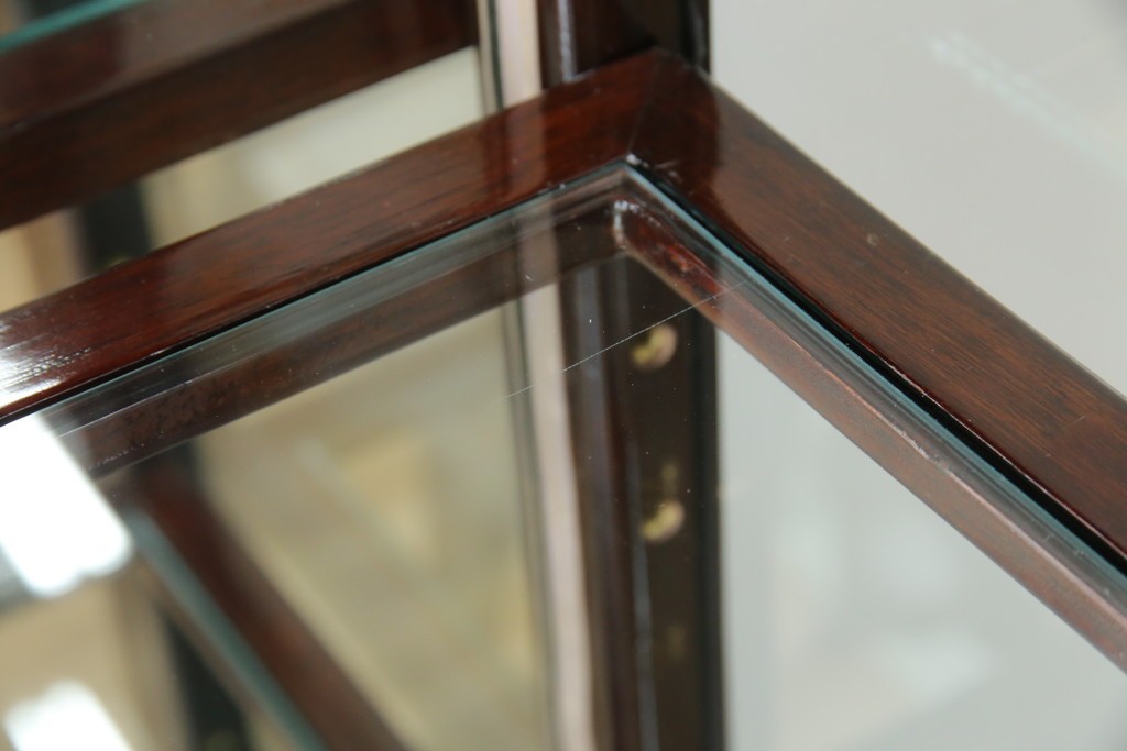 アジアンビンテージ　唐木材　中国クラシックデザインが目を引く照明付き薄型ミラーバックキャビネット(飾り棚、陳列棚、収納棚、戸棚、ガラスケース、ショーケース、コレクションケース、ディスプレイケース、ヴィンテージ、店舗什器)(R-084240)