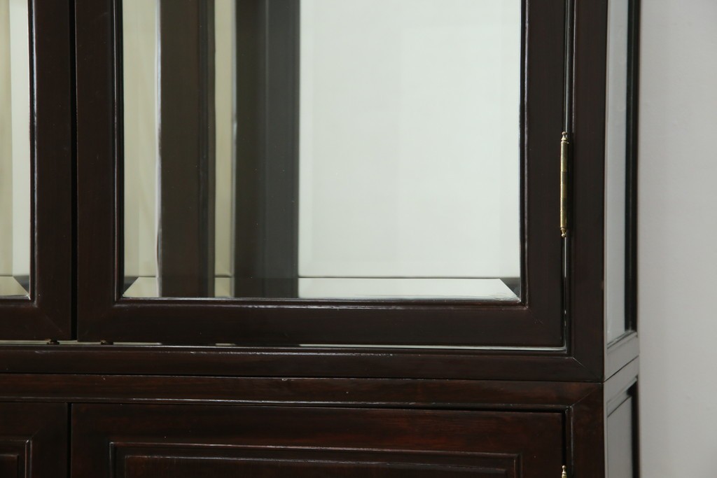 アジアンビンテージ　唐木材　中国クラシックデザインが目を引く照明付き薄型ミラーバックキャビネット(飾り棚、陳列棚、収納棚、戸棚、ガラスケース、ショーケース、コレクションケース、ディスプレイケース、ヴィンテージ、店舗什器)(R-084240)