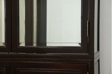 アジアンビンテージ　唐木材　中国クラシックデザインが目を引く照明付き薄型ミラーバックキャビネット(飾り棚、陳列棚、収納棚、戸棚、ガラスケース、ショーケース、コレクションケース、ディスプレイケース、ヴィンテージ、店舗什器)(R-084240)