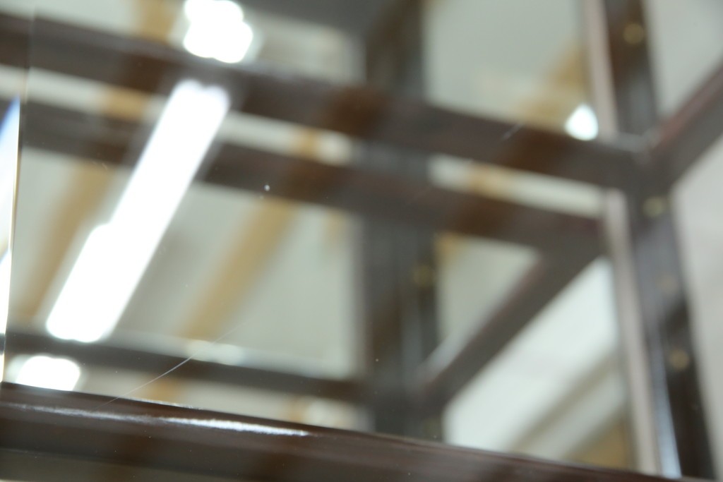 アジアンビンテージ　唐木材　中国クラシックデザインが目を引く照明付き薄型ミラーバックキャビネット(飾り棚、陳列棚、収納棚、戸棚、ガラスケース、ショーケース、コレクションケース、ディスプレイケース、ヴィンテージ、店舗什器)(R-084240)