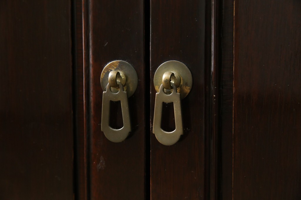 アジアンビンテージ　唐木材　中国クラシックデザインが目を引く照明付き薄型ミラーバックキャビネット(飾り棚、陳列棚、収納棚、戸棚、ガラスケース、ショーケース、コレクションケース、ディスプレイケース、ヴィンテージ、店舗什器)(R-084240)