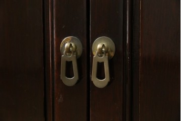 アジアンビンテージ　唐木材　中国クラシックデザインが目を引く照明付き薄型ミラーバックキャビネット(飾り棚、陳列棚、収納棚、戸棚、ガラスケース、ショーケース、コレクションケース、ディスプレイケース、ヴィンテージ、店舗什器)(R-084240)