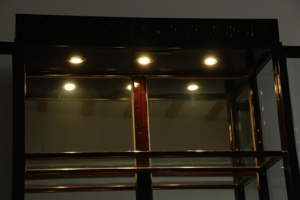 アジアンビンテージ　唐木材　中国クラシックデザインが目を引く照明付き薄型ミラーバックキャビネット(飾り棚、陳列棚、収納棚、戸棚、ガラスケース、ショーケース、コレクションケース、ディスプレイケース、ヴィンテージ、店舗什器)(R-084240)