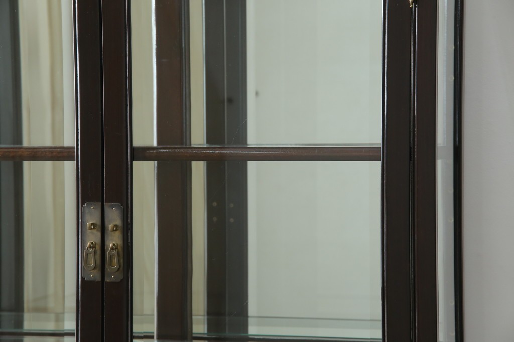 アジアンビンテージ　唐木材　中国クラシックデザインが目を引く照明付き薄型ミラーバックキャビネット(飾り棚、陳列棚、収納棚、戸棚、ガラスケース、ショーケース、コレクションケース、ディスプレイケース、ヴィンテージ、店舗什器)(R-084240)