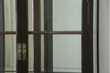 アジアンビンテージ　唐木材　中国クラシックデザインが目を引く照明付き薄型ミラーバックキャビネット(飾り棚、陳列棚、収納棚、戸棚、ガラスケース、ショーケース、コレクションケース、ディスプレイケース、ヴィンテージ、店舗什器)(R-084240)