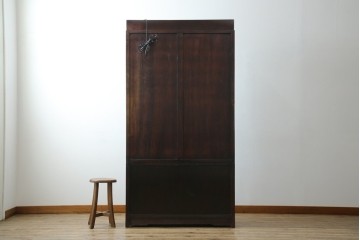 アジアンビンテージ　唐木材　中国クラシックデザインが目を引く照明付き薄型ミラーバックキャビネット(飾り棚、陳列棚、収納棚、戸棚、ガラスケース、ショーケース、コレクションケース、ディスプレイケース、ヴィンテージ、店舗什器)(R-084240)