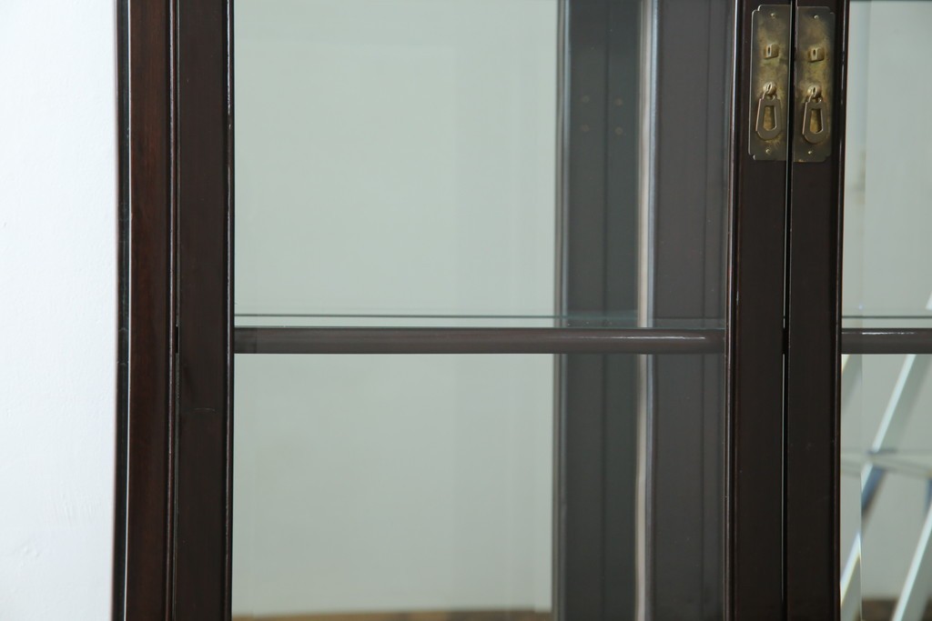 アジアンビンテージ　唐木材　中国クラシックデザインが目を引く照明付き薄型ミラーバックキャビネット(飾り棚、陳列棚、収納棚、戸棚、ガラスケース、ショーケース、コレクションケース、ディスプレイケース、ヴィンテージ、店舗什器)(R-084240)