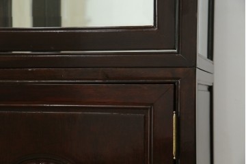 アジアンビンテージ　唐木材　中国クラシックデザインが目を引く照明付き薄型ミラーバックキャビネット(飾り棚、陳列棚、収納棚、戸棚、ガラスケース、ショーケース、コレクションケース、ディスプレイケース、ヴィンテージ、店舗什器)(R-084240)