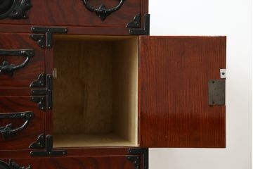和製ビンテージ　職人手作り　工芸家具　三方欅(ケヤキ)材　美しい木地呂塗りの仙台小箪笥(仙台箪笥、衣装箪笥、収納箪笥、引き出し、ヴィンテージ)(R-084247)