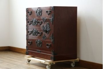 和製ビンテージ　職人手作り　工芸家具　三方欅(ケヤキ)材　美しい木地呂塗りの仙台小箪笥(仙台箪笥、衣装箪笥、収納箪笥、引き出し、ヴィンテージ)(R-084247)