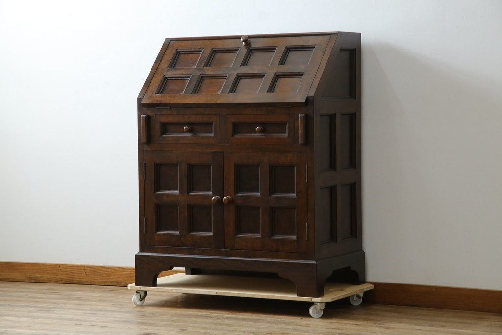 中古　美品　松本民芸家具　希少モデル　格子模様が特徴的なK型ライティングビューロー　(R-084262)