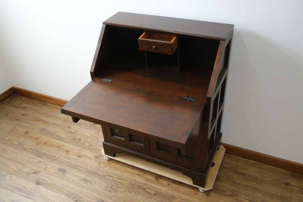 中古　美品　松本民芸家具　希少モデル　格子模様が特徴的なK型ライティングビューロー　(R-084262)