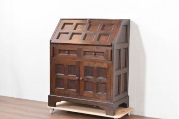 中古　美品　松本民芸家具　希少モデル　格子模様が特徴的なK型ライティングビューロー(ワークデスク、簿記机、収納棚、戸棚、在宅用、在宅ワーク用)(R-084262)