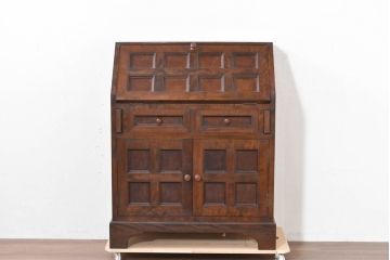 中古　美品　松本民芸家具　希少モデル　格子模様が特徴的なK型ライティングビューロー(ワークデスク、簿記机、収納棚、戸棚、在宅用、在宅ワーク用)(R-084262)