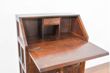 中古　美品　松本民芸家具　希少モデル　格子模様が特徴的なK型ライティングビューロー(ワークデスク、簿記机、収納棚、戸棚、在宅用、在宅ワーク用)(R-084262)