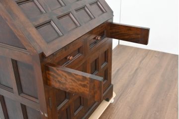 中古　美品　松本民芸家具　希少モデル　格子模様が特徴的なK型ライティングビューロー(ワークデスク、簿記机、収納棚、戸棚、在宅用、在宅ワーク用)(R-084262)
