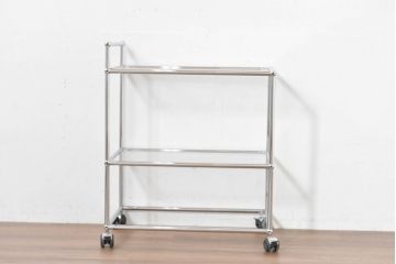 中古　美品　スイス　USMハラー(USM Haller)　ガラス天板　シンプルでスタイリッシュなデザインが魅力のキャスター付きワゴン(キッチンワゴン、ラック、サイドテーブル、トロリー、花台、飾り棚、店舗什器)(定価約12万円)(R-084265)