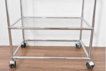 中古　美品　スイス　USMハラー(USM Haller)　ガラス天板　シンプルでスタイリッシュなデザインが魅力のキャスター付きワゴン(キッチンワゴン、ラック、サイドテーブル、トロリー、花台、飾り棚、店舗什器)(定価約12万円)(R-084265)