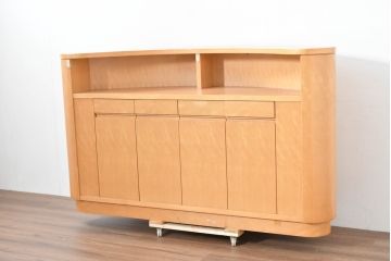 中古　希少な特注品　CONDE HOUSE(カンディハウス)　ビーチ材　図書室の両面使いラウンドカウンターテーブル(デスク、受け付け、受付カウンター、サイドボード)(製作費約90万円)(R-084266)