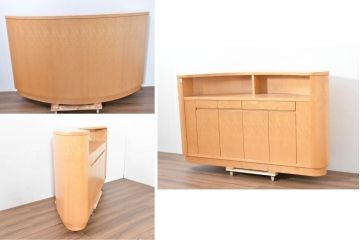 中古　希少な特注品　CONDE HOUSE(カンディハウス)　ビーチ材　図書室の両面使いラウンドカウンターテーブル(デスク、受け付け、受付カウンター、サイドボード)(製作費約90万円)(R-084266)