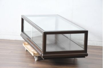 和製ビンテージ　希少デザイン　両面引き出し・両面開き戸付き　木枠　ロータイプで圧迫感のない卓上ガラスケース(Gケース、ショーケース、収納棚、ローボード、飾り棚、陳列棚、店舗什器、ヴィンテージ)(R-084279)