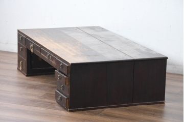和製アンティーク　大振り　丸カン引手がいいね!使い込まれた風合いが味わい深い両袖机(文机、座卓、座机、ローテーブル、作業台、ワークデスク、在宅ワーク、在宅用)(R-084282)