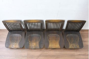 中古　希少な廃番品!!　葉山ガーデン取り扱い　国産　職人手作り品　タモ材　アンティーク調の回転座椅子4台セット(回転チェア、囲炉裏チェア、イス、椅子、バラ売り可能)(R-084300)