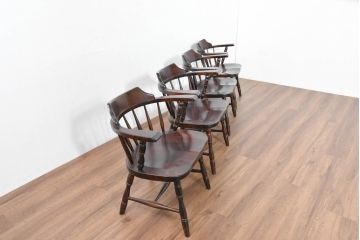 中古　北海道民芸家具　希少な廃番品　HM630　格好良い佇まいが魅力のキャプテンチェア4脚セット(肘掛け椅子、アームチェア、イス、板座チェア、ダイニングチェア、バラ売り可能)(R-084306)
