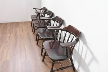 中古　北海道民芸家具　希少な廃番品　HM630　格好良い佇まいが魅力のキャプテンチェア4脚セット(肘掛け椅子、アームチェア、イス、板座チェア、ダイニングチェア、バラ売り可能)(R-084306)