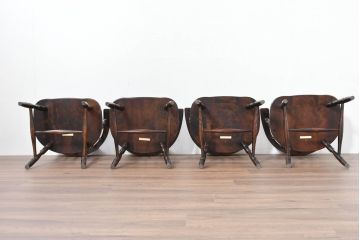 中古　北海道民芸家具　希少な廃番品　HM630　格好良い佇まいが魅力のキャプテンチェア4脚セット(肘掛け椅子、アームチェア、イス、板座チェア、ダイニングチェア、バラ売り可能)(R-084306)