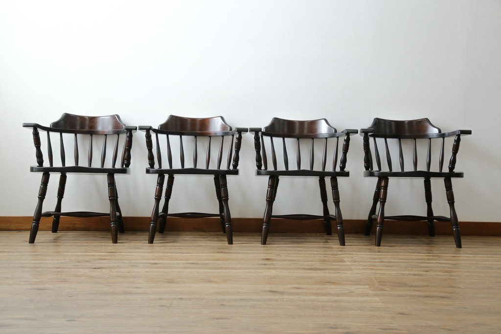 中古　北海道民芸家具　希少な廃番品　HM630　格好良い佇まいが魅力のキャプテンチェア4脚セット　(R-084306)