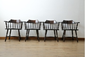 中古　北海道民芸家具　希少な廃番品　HM630　格好良い佇まいが魅力のキャプテンチェア4脚セット　(R-084306)