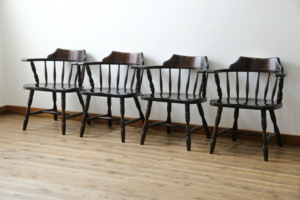 中古　北海道民芸家具　希少な廃番品　HM630　格好良い佇まいが魅力のキャプテンチェア4脚セット　(R-084306)