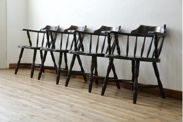 中古　北海道民芸家具　希少な廃番品　HM630　格好良い佇まいが魅力のキャプテンチェア4脚セット　(R-084306)