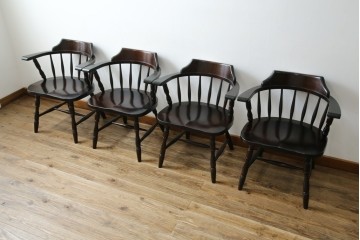 中古　北海道民芸家具　希少な廃番品　HM630　格好良い佇まいが魅力のキャプテンチェア4脚セット　(R-084306)