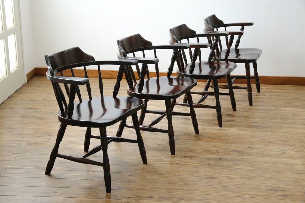 中古　北海道民芸家具　希少な廃番品　HM630　格好良い佇まいが魅力のキャプテンチェア4脚セット　(R-084306)