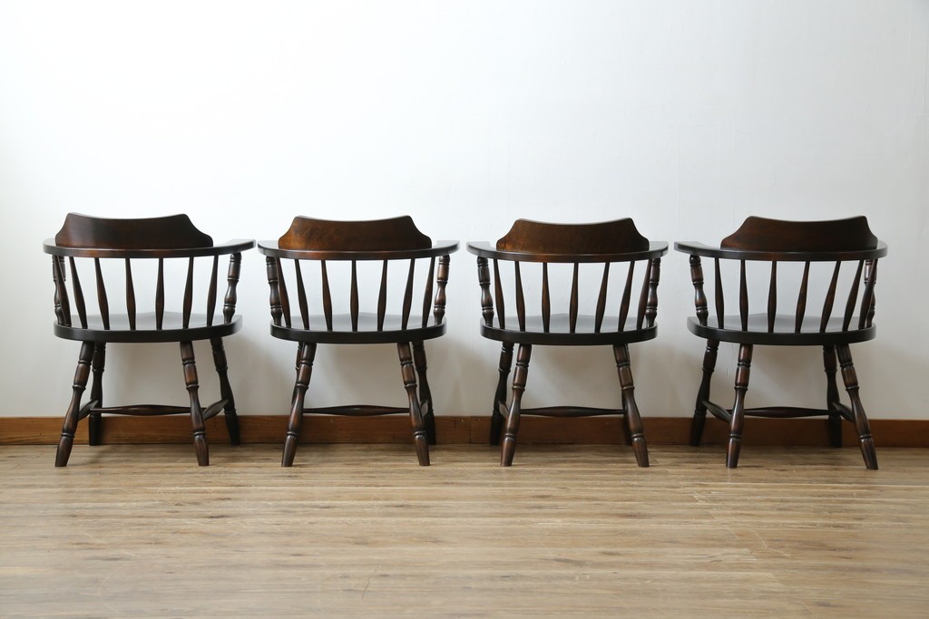 中古　北海道民芸家具　希少な廃番品　HM630　格好良い佇まいが魅力のキャプテンチェア4脚セット　(R-084306)