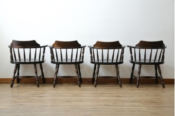 中古　北海道民芸家具　希少な廃番品　HM630　格好良い佇まいが魅力のキャプテンチェア4脚セット　(R-084306)