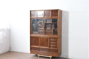 中古　美品　国産　職人手作り品　欅(ケヤキ)材　杢目の素敵な茶箪笥(収納棚、戸棚、茶棚、飾り棚、上下バラ売り可能)(定価約24万円)(R-084312)