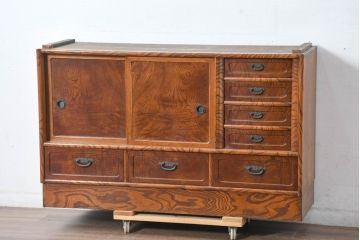 中古　美品　国産　職人手作り品　欅(ケヤキ)材　天板リメイク　杢目の素敵なサイドボード(収納棚、戸棚、茶棚)(R-084314)