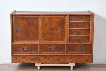 中古　美品　国産　職人手作り品　欅(ケヤキ)材　天板リメイク　杢目の素敵なサイドボード(収納棚、戸棚、茶棚)(R-084314)