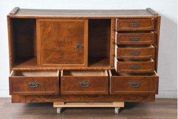 中古　美品　国産　職人手作り品　欅(ケヤキ)材　天板リメイク　杢目の素敵なサイドボード(収納棚、戸棚、茶棚)(R-084314)